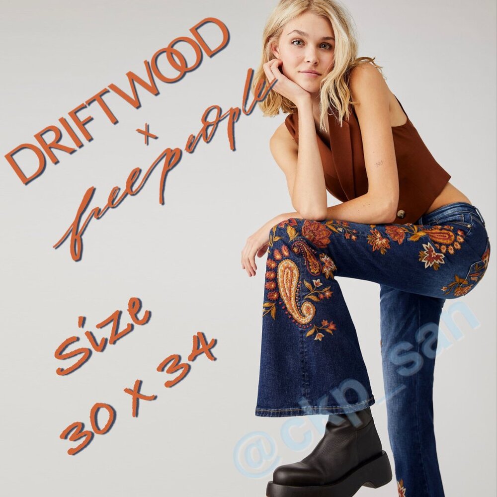 Free People x Driftwood Farrah Embroidered Flare Jeans Sz 30